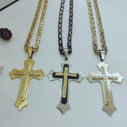 Gold Cross Necklace With Titanium Steel Pendant And Rhinestone Inlay, Unisex Design Featuring A Durable 304 Stainless Steel Box Chain