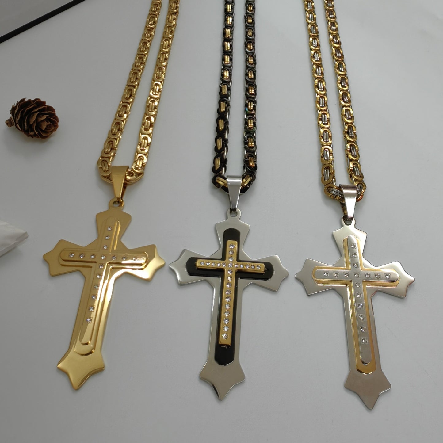 Gold Cross Necklace With Titanium Steel Pendant And Rhinestone Inlay, Unisex Design Featuring A Durable 304 Stainless Steel Box Chain