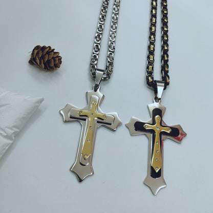 Gold Cross Necklace With Titanium Steel Pendant And Rhinestone Inlay, Unisex Design Featuring A Durable 304 Stainless Steel Box Chain
