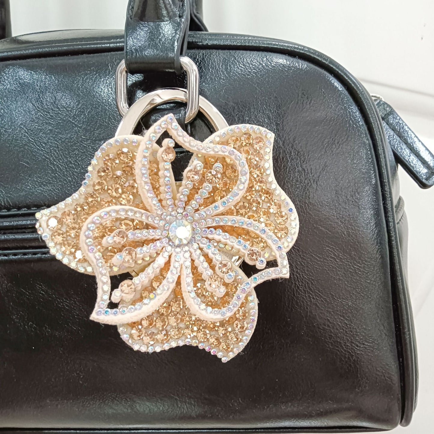 Electroplated Dyed Black Alloy Flowers Bag Pendant With Rhinestones For Christmas