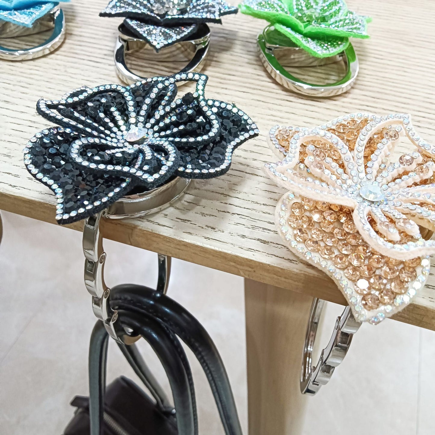 Electroplated Dyed Black Alloy Flowers Bag Pendant With Rhinestones For Christmas