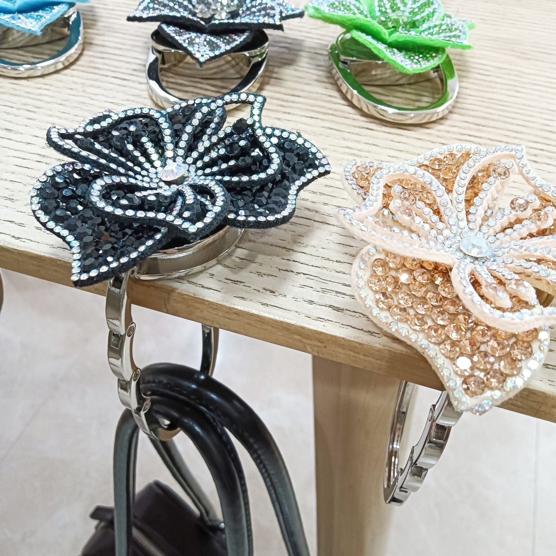 Electroplated Dyed Black Alloy Flowers Bag Pendant With Rhinestones For Christmas