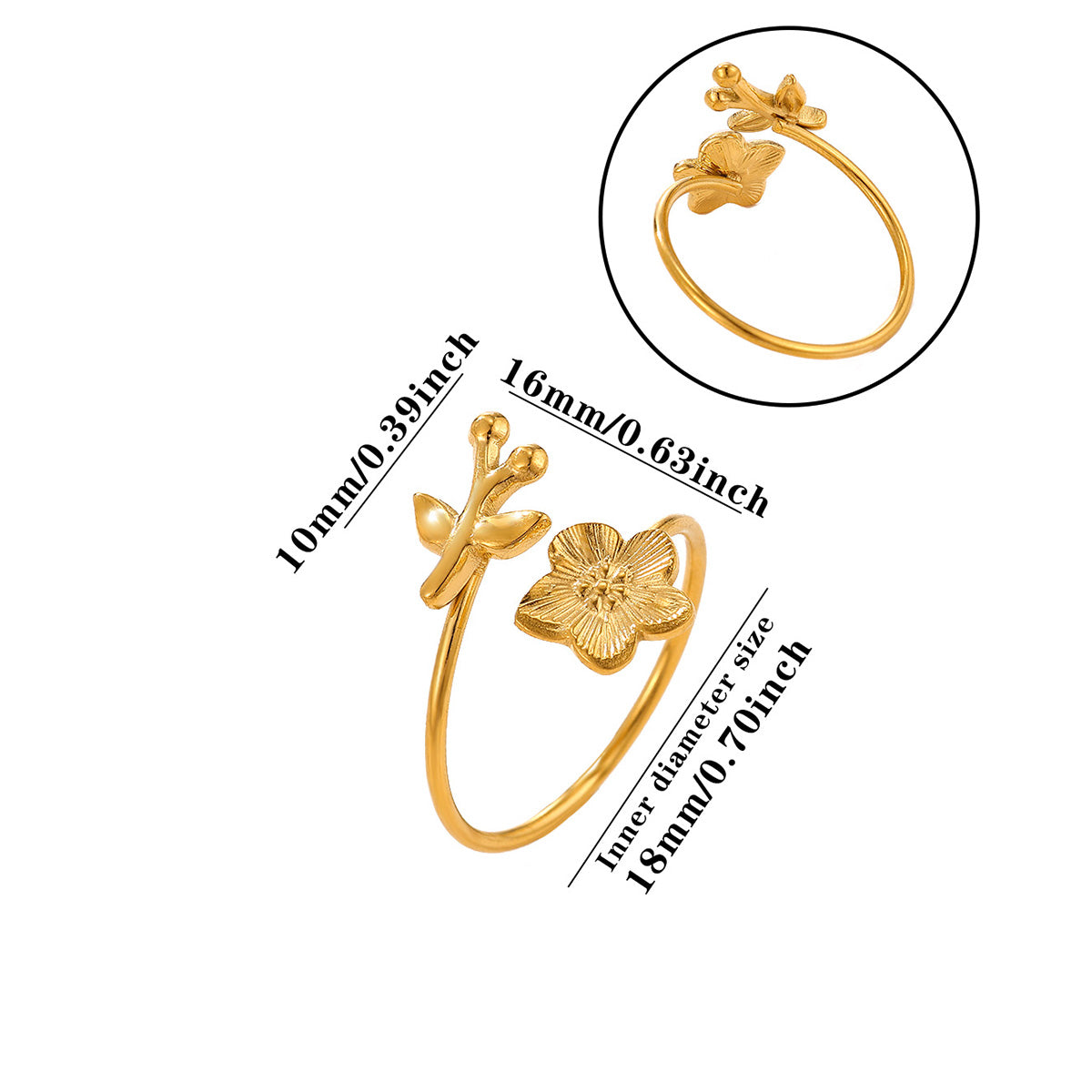 Unisex Flowers Ring In Simple Style, Waterproof Non Tarnish 304 Stainless Steel With 18K Real Gold PVD Coating