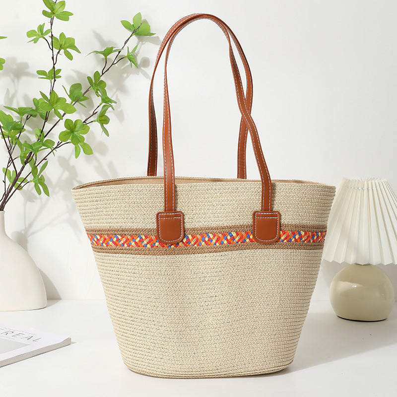 Straw Bucket Tote Bag With Braid Design And Sling Strap, Floral Pattern, Perfect For Summer