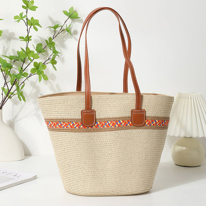 Straw Bucket Tote Bag With Braid Design And Sling Strap, Floral Pattern, Perfect For Summer