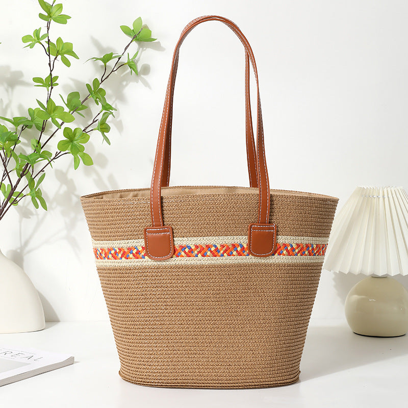 Straw Bucket Tote Bag With Braid Design And Sling Strap, Floral Pattern, Perfect For Summer