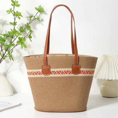 Straw Bucket Tote Bag With Braid Design And Sling Strap, Floral Pattern, Perfect For Summer