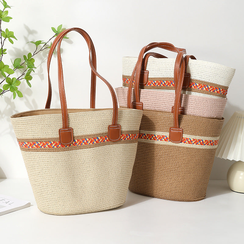 Straw Bucket Tote Bag With Braid Design And Sling Strap, Floral Pattern, Perfect For Summer