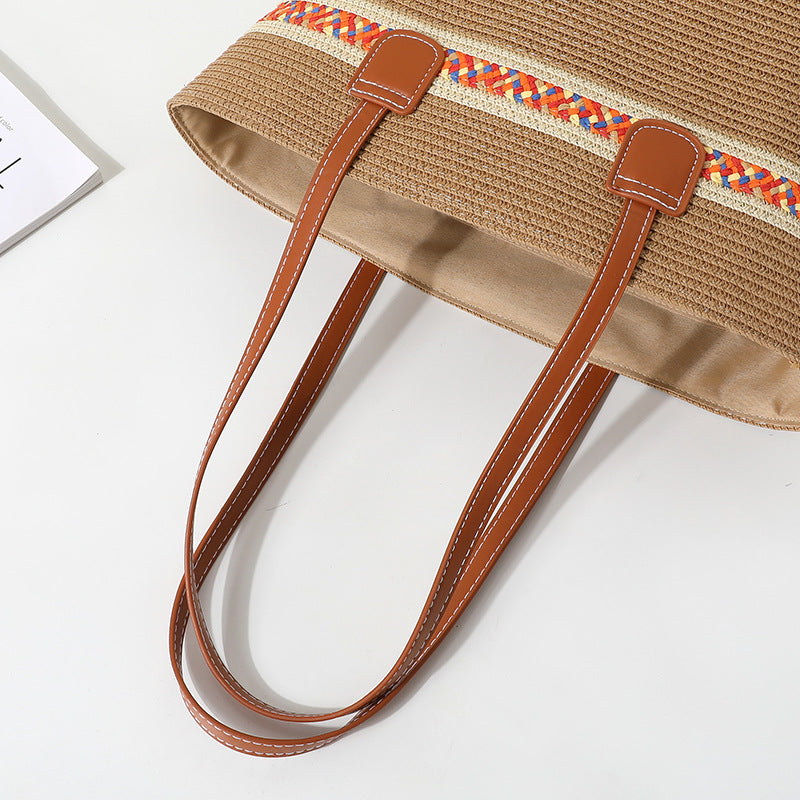 Straw Bucket Tote Bag With Braid Design And Sling Strap, Floral Pattern, Perfect For Summer