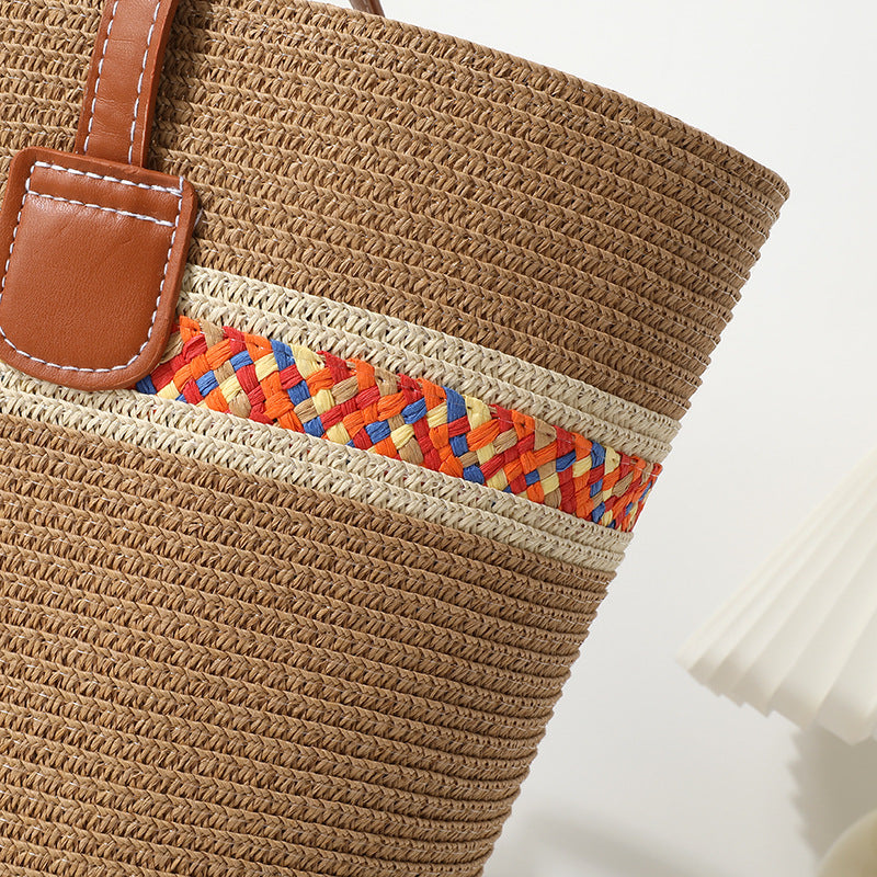 Straw Bucket Tote Bag With Braid Design And Sling Strap, Floral Pattern, Perfect For Summer
