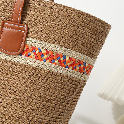 Straw Bucket Tote Bag With Braid Design And Sling Strap, Floral Pattern, Perfect For Summer