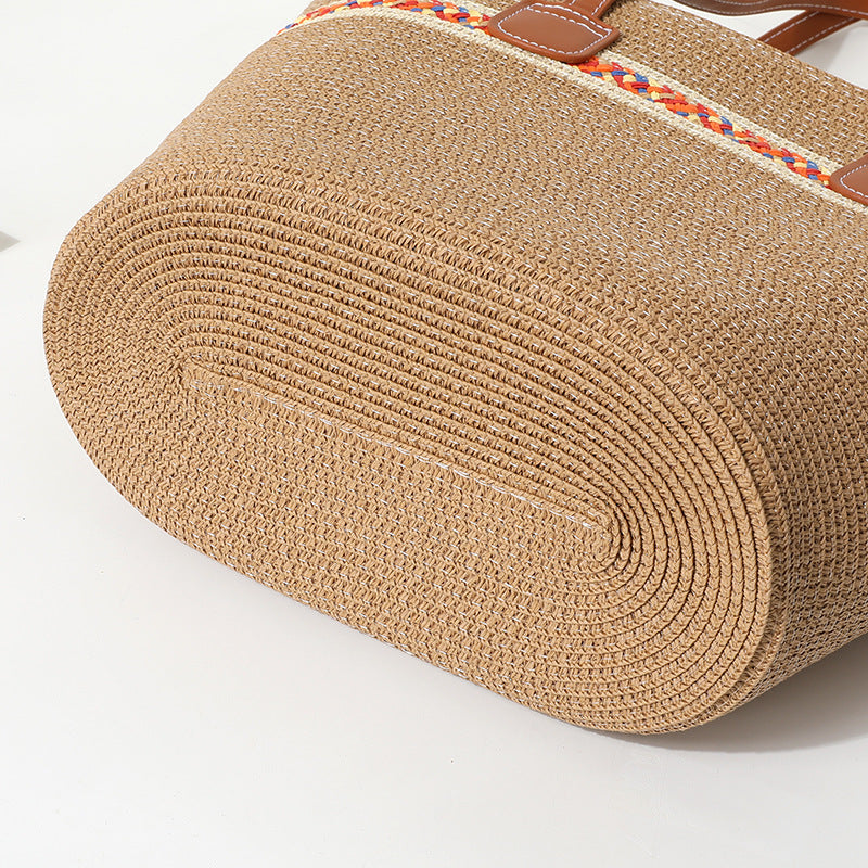 Straw Bucket Tote Bag With Braid Design And Sling Strap, Floral Pattern, Perfect For Summer