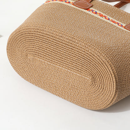 Straw Bucket Tote Bag With Braid Design And Sling Strap, Floral Pattern, Perfect For Summer