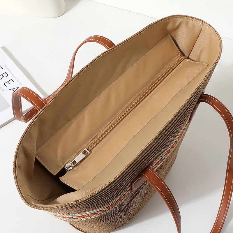 Straw Bucket Tote Bag With Braid Design And Sling Strap, Floral Pattern, Perfect For Summer