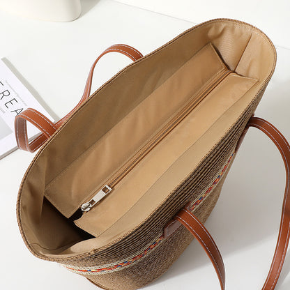 Straw Bucket Tote Bag With Braid Design And Sling Strap, Floral Pattern, Perfect For Summer