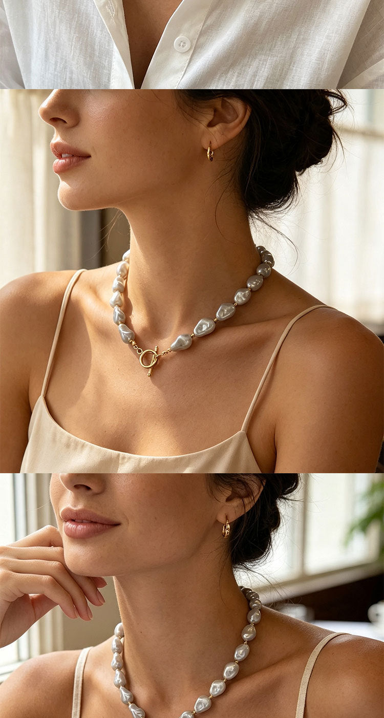 Exaggerated Pearl Choker Necklace With Resin And Baroque Pearl Inlay, Featuring Beaded Chain, Unisex Design