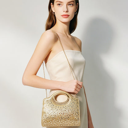 Women’s Shell Clutch Bag In PU Leather With Rhinestones And Chain Strap, Elegant Evening Bag