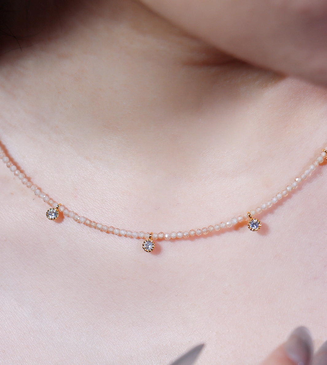 Vintage Style Geometric Necklace For Women With Natural Pink Artificial Crystal And Rhinestones On Micro Super Whisper Thin Chain