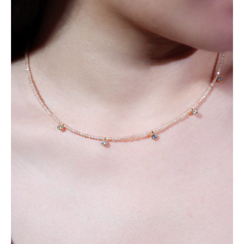 Vintage Style Geometric Necklace For Women With Natural Pink Artificial Crystal And Rhinestones On Micro Super Whisper Thin Chain