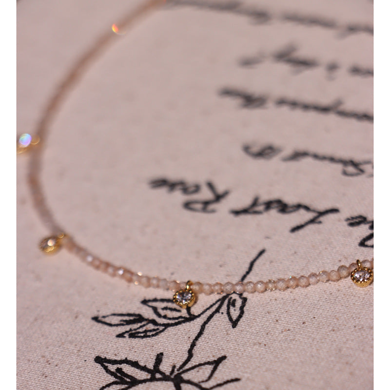 Vintage Style Geometric Necklace For Women With Natural Pink Artificial Crystal And Rhinestones On Micro Super Whisper Thin Chain