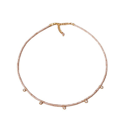 Vintage Style Geometric Necklace For Women With Natural Pink Artificial Crystal And Rhinestones On Micro Super Whisper Thin Chain
