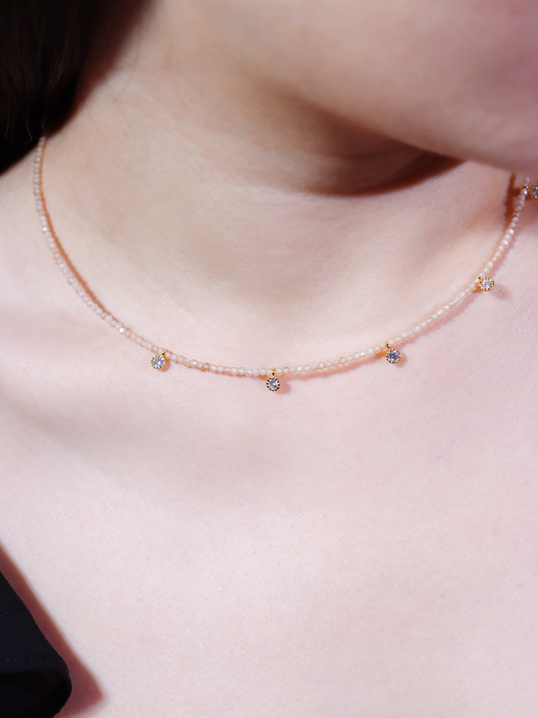 Vintage Style Geometric Necklace For Women With Natural Pink Artificial Crystal And Rhinestones On Micro Super Whisper Thin Chain