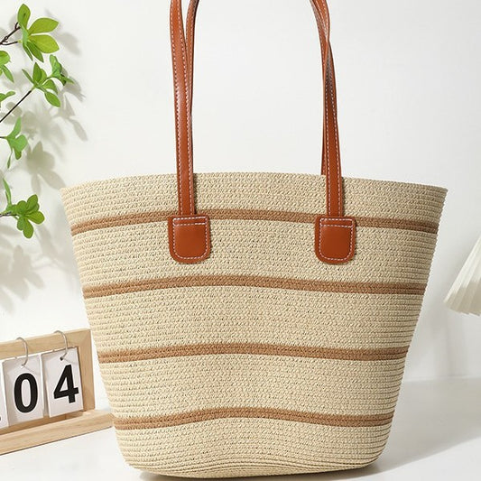 Stripe Square Straw Shoulder Bag With Braid Detail, Large Capacity, Featuring Single Shoulder Strap For Women