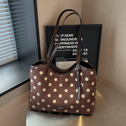 Women’s PU Leather Bucket Tote Bag Featuring Polka Dots And Sewing Thread Detail, Ideal For Autumn