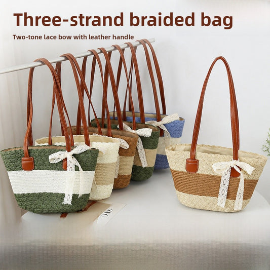 Women’s Color Block Straw Bucket Bag With Braid Detail, Perfect Summer Shoulder Bag