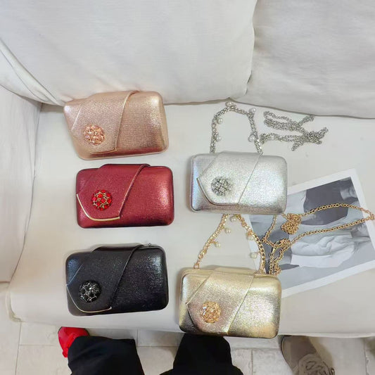 Glittery Square Evening Bag In PU Leather With Rhinestones And Top Handle