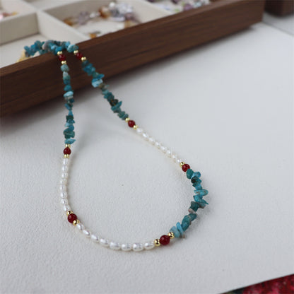 Retro Blue & Grey Freshwater Pearl Beaded Chain Necklace For Women Featuring Stone Beading