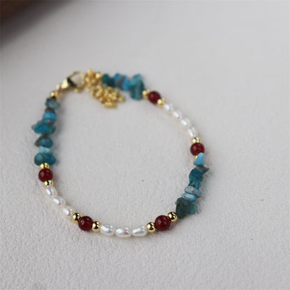 Retro Blue & Grey Freshwater Pearl Beaded Chain Necklace For Women Featuring Stone Beading