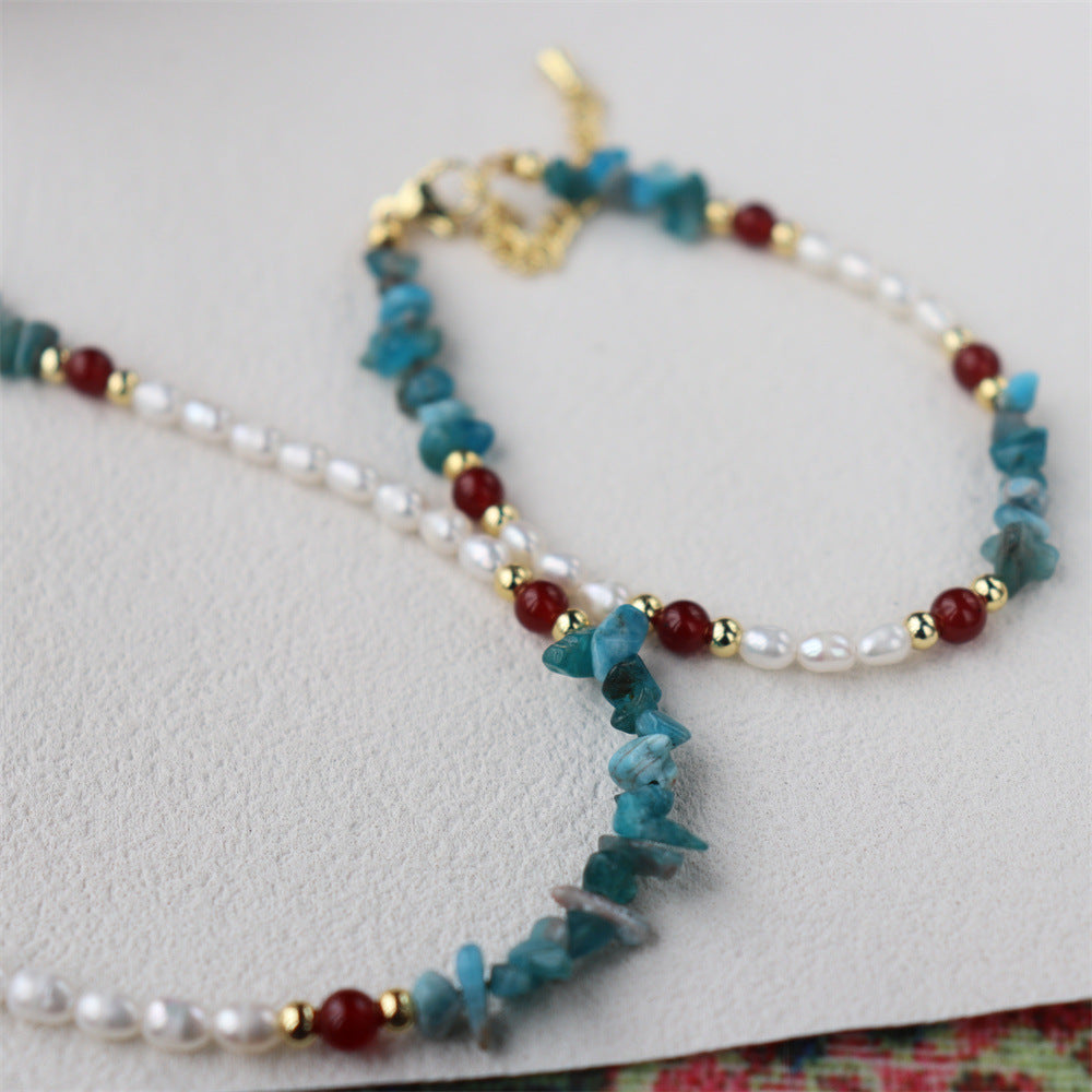 Retro Blue & Grey Freshwater Pearl Beaded Chain Necklace For Women Featuring Stone Beading