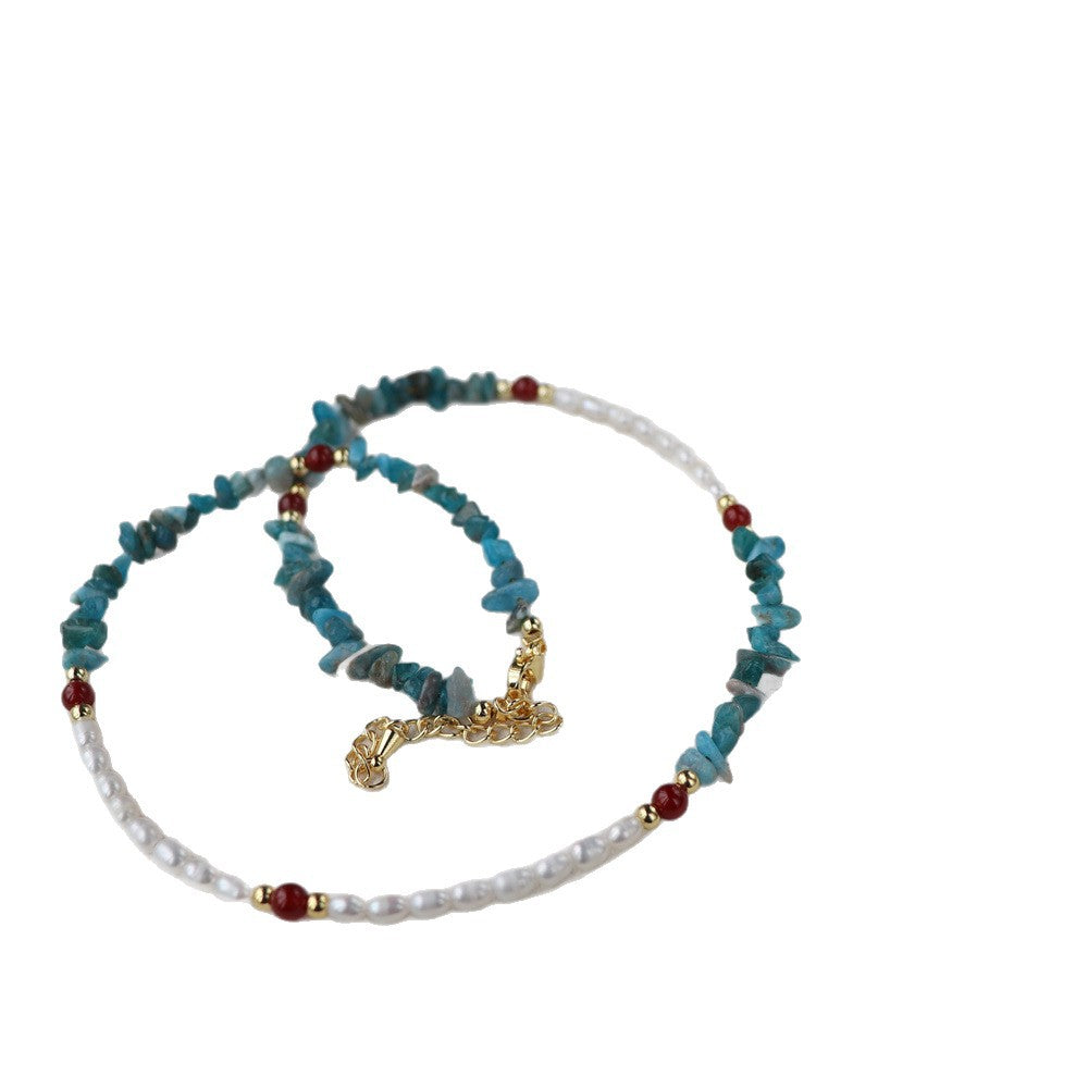 Retro Blue & Grey Freshwater Pearl Beaded Chain Necklace For Women Featuring Stone Beading