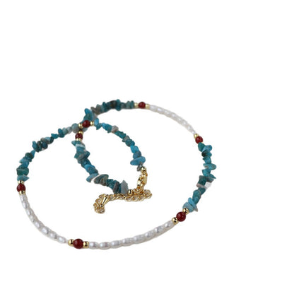 Retro Blue & Grey Freshwater Pearl Beaded Chain Necklace For Women Featuring Stone Beading