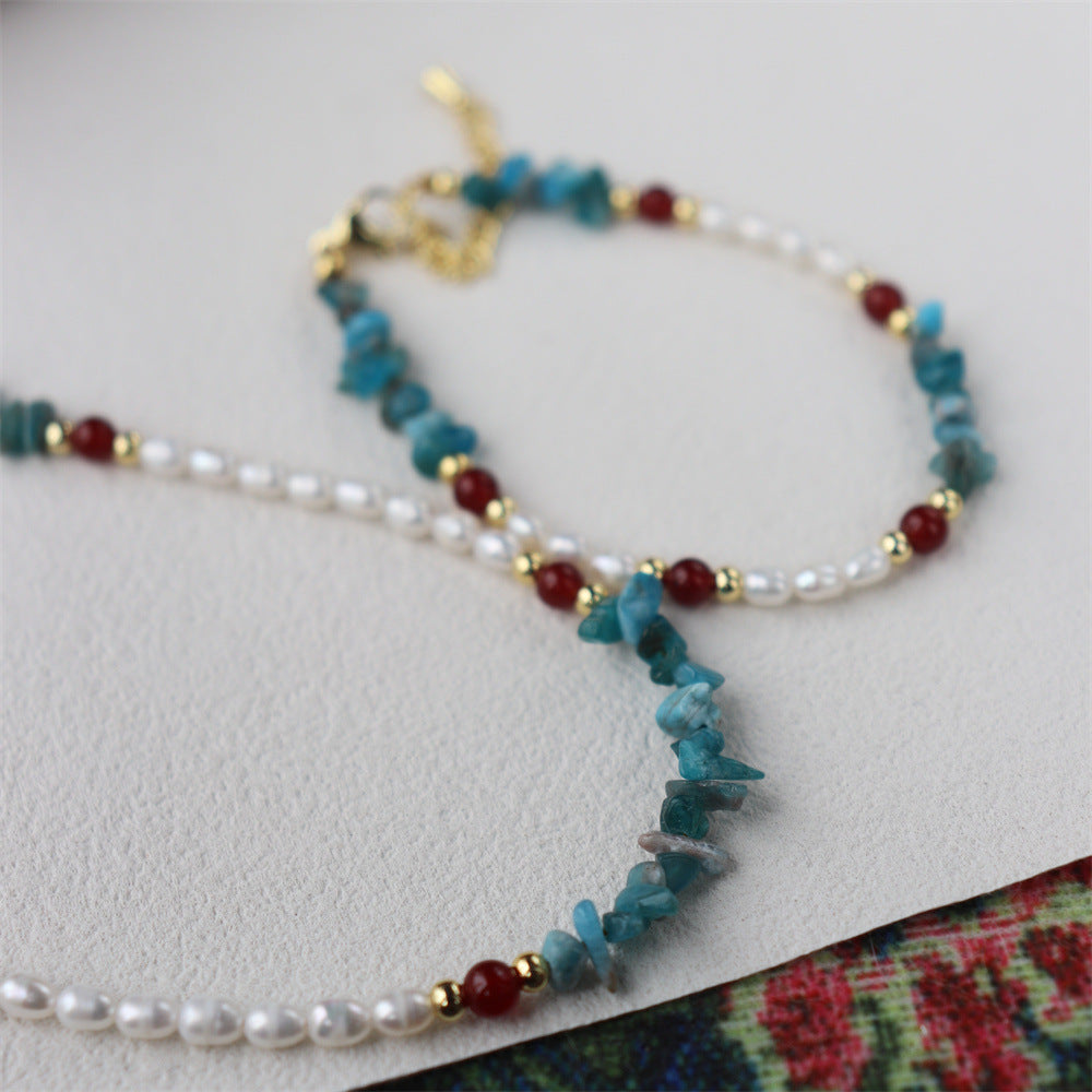 Retro Blue & Grey Freshwater Pearl Beaded Chain Necklace For Women Featuring Stone Beading