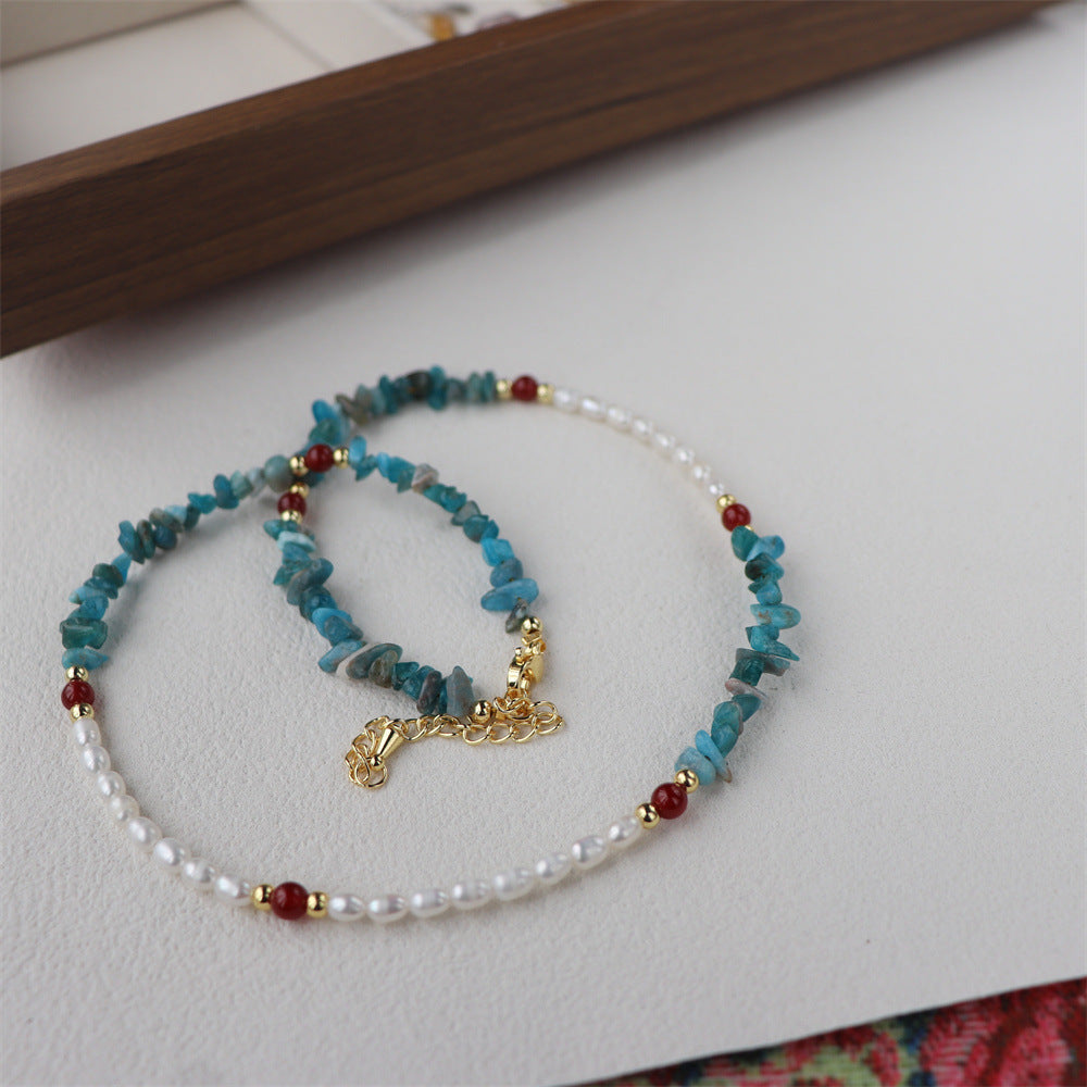 Retro Blue & Grey Freshwater Pearl Beaded Chain Necklace For Women Featuring Stone Beading