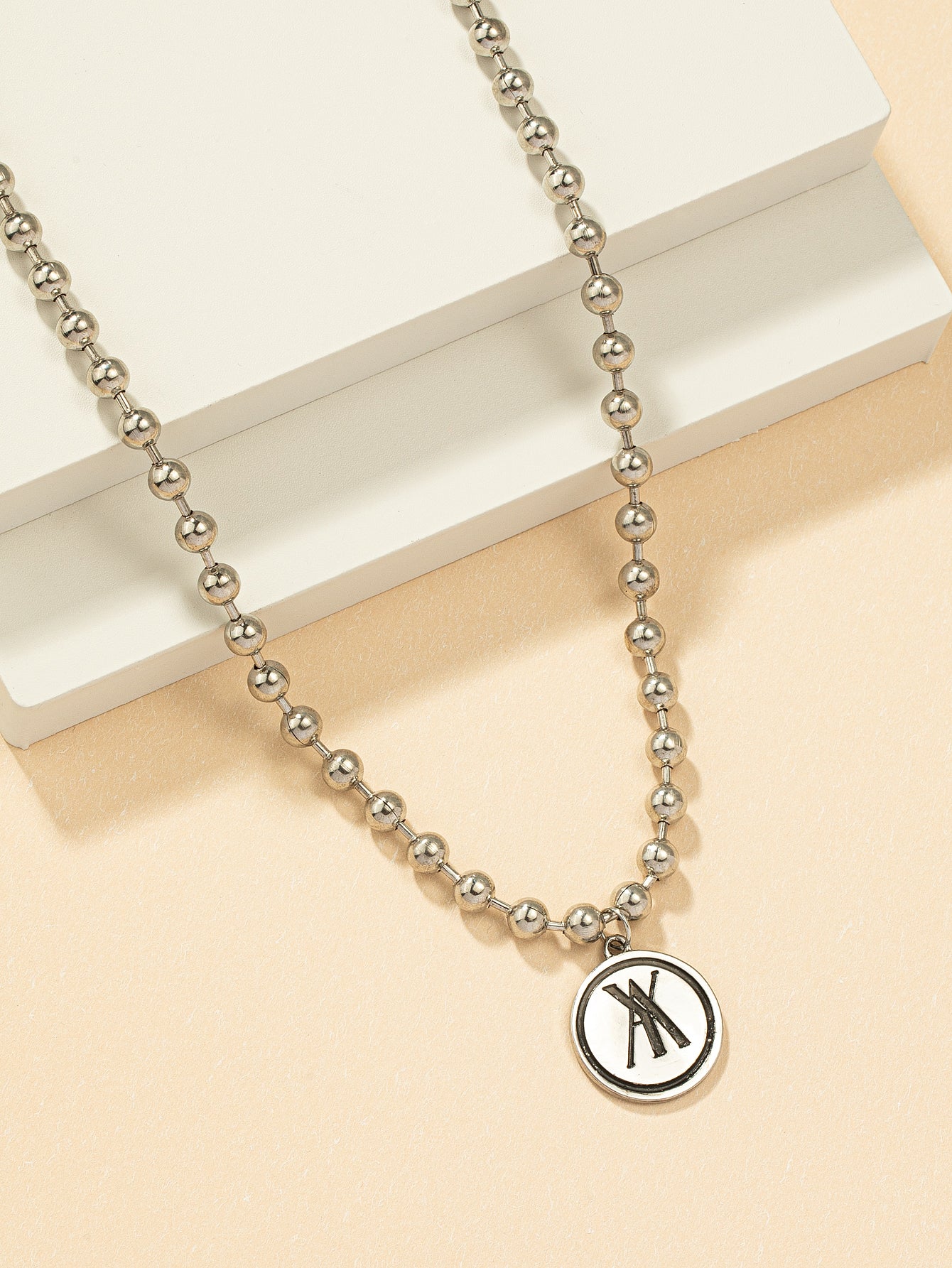 Bohemian Three-dimensional Letter Pendant Necklace In White K Plated Zinc Alloy With Beaded Chain For Unisex