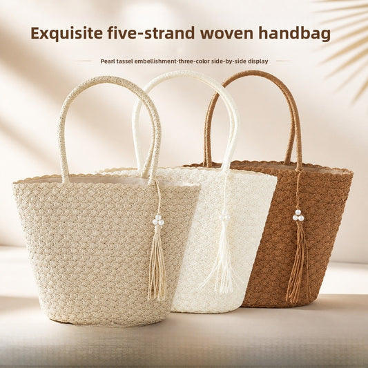 Straw Bucket Tote Bag With Tassel, Single Shoulder Strap, Large Capacity, Perfect For Summer