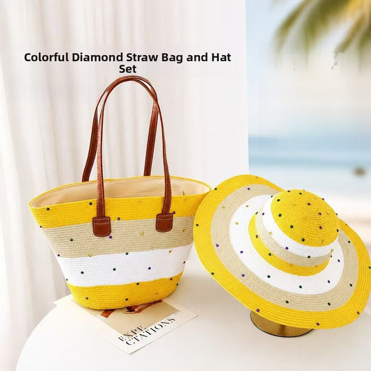 Splicing Bucket Straw Bag With Rhinestones, Single Shoulder Strap, Perfect For Summer
