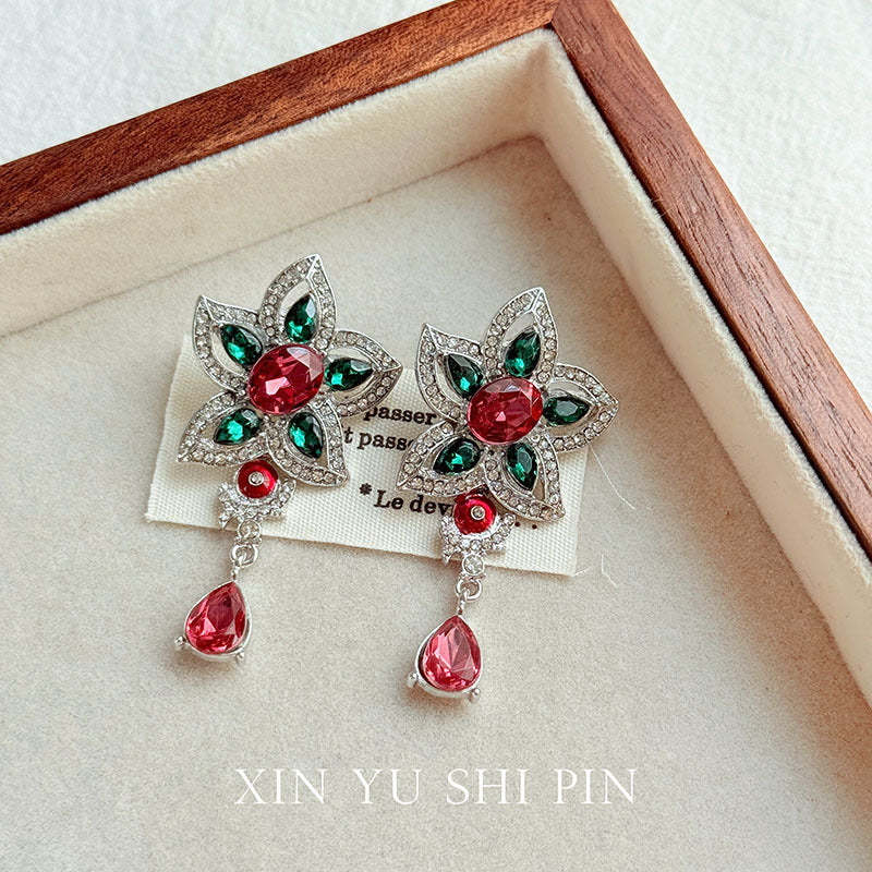 Retro Flowers Earrings For Women, Electroplated Alloy With Artificial Gemstones, Featuring 925 Sterling Silver Ear Pins