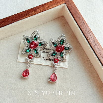 Retro Flowers Earrings For Women, Electroplated Alloy With Artificial Gemstones, Featuring 925 Sterling Silver Ear Pins