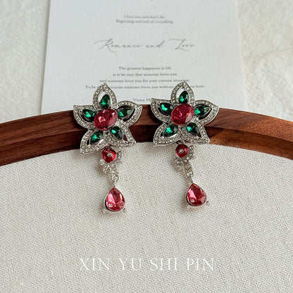 Retro Flowers Earrings For Women, Electroplated Alloy With Artificial Gemstones, Featuring 925 Sterling Silver Ear Pins