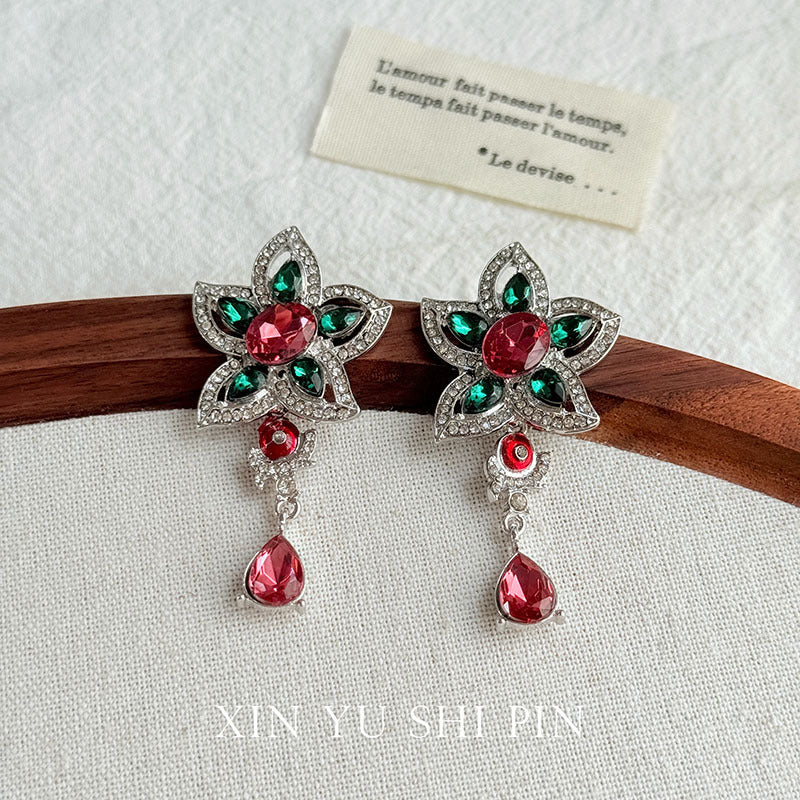 Retro Flowers Earrings For Women, Electroplated Alloy With Artificial Gemstones, Featuring 925 Sterling Silver Ear Pins