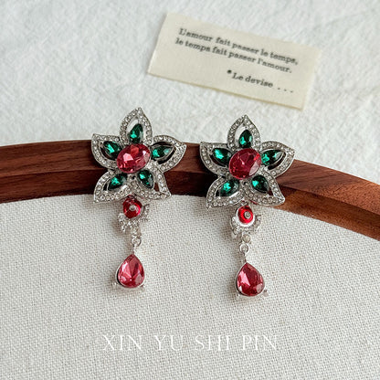 Retro Flowers Earrings For Women, Electroplated Alloy With Artificial Gemstones, Featuring 925 Sterling Silver Ear Pins
