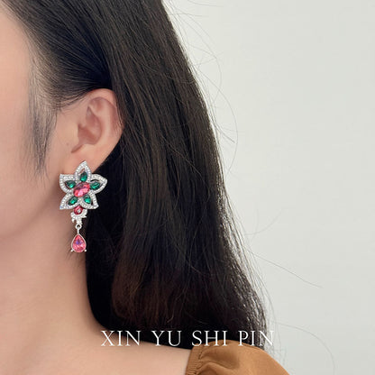 Retro Flowers Earrings For Women, Electroplated Alloy With Artificial Gemstones, Featuring 925 Sterling Silver Ear Pins