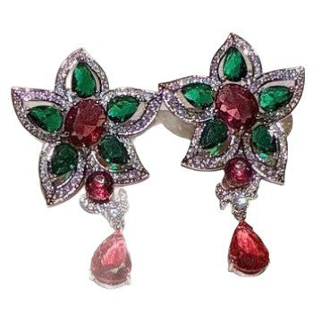 Retro Flowers Earrings For Women, Electroplated Alloy With Artificial Gemstones, Featuring 925 Sterling Silver Ear Pins