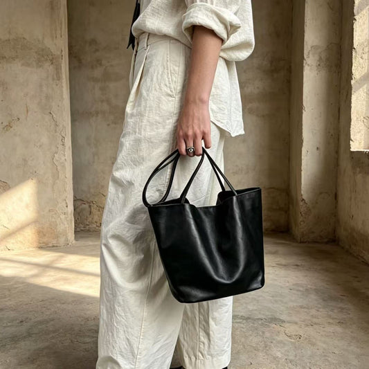 Genuine Leather Bucket Tote Bag For Women With Sewing Thread Detail, Large Capacity And Single Shoulder Strap