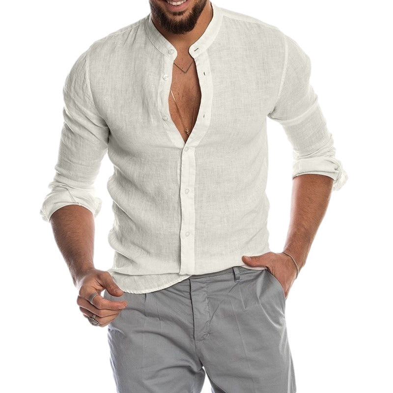 Solid Color Long Sleeve Streetwear Shirt For Men In Polyester With Standing Collar And Placket