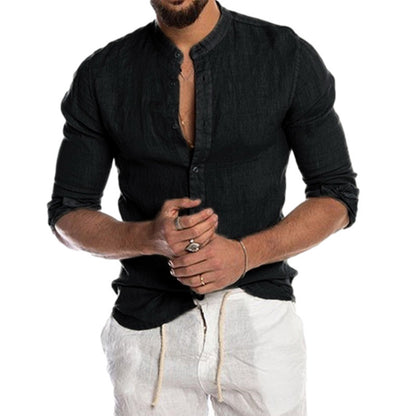 Solid Color Long Sleeve Streetwear Shirt For Men In Polyester With Standing Collar And Placket